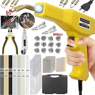 150W Soldador de Plástico, 2 en 1 Soldadura Plástico, Kit de Reparación de Parachoques de Coche con 800Pcs 6 Tipos Grapas, 2 Espátula&56 pcs Varillas Soldadura para Reparación de Parachoques de Coche