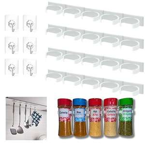 4 Organizadores de Especias con Adhesivo 3M + 6 Ganchos Adhesivos para Ordenar los Botes de Especias y Ahorrar Especio en la Cocina