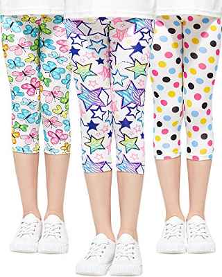 Adorel Pantalón 3/4 Leggings Estampado para Niña Pack de 3 Mariposa Estrella Lunares (Dibujo en Blanco) 5-6 Años (Tamaño del Fabricante 120)