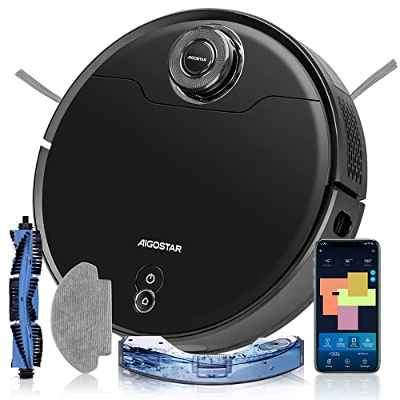 Aigostar Robot aspirador y friegasuelos, sistema inteligente de navegación láser LDS, 2700Pa, mapeo inteligente, especialista alfombras, pelo de mascotas. Wifi, Alexa y Google home - Blackhole