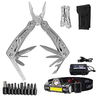 Alicates Multiusos Multiherramienta Herramienta Multiusos + Linterna Frontal Led. 13 En 1 Accesorios Multifunción Con Alicate Navaja Cuchillo De Supervivencia Militar Camping y Senderismo.