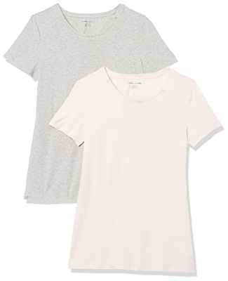 Amazon Essentials Camiseta de Cuello Caja de Manga Corta y Ajuste Clásico Mujer, Pack de 2, Rosa Claro/Gris Claro Mezcla, S