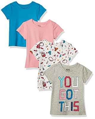 Amazon Essentials Camisetas de Manga Corta (Previamente Spotted Zebra) Niña, Pack de 4, Azul/Rosa/Gris, Caramelo, 4 años