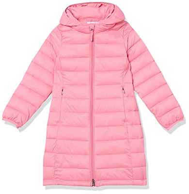 Amazon Essentials Chaqueta Acolchada Larga y Ligera con Capucha Niña, Rosa Brillante, 9-10 años