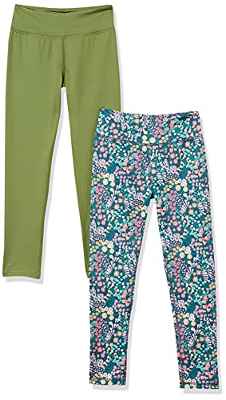 Amazon Essentials Leggings Activos de Longitud Completa Niña, Pack de 2, Verde Oliva, Floral, 2 años