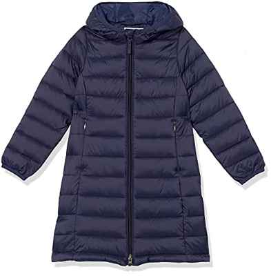 Amazon Essentials Long Light-Weight Hooded Puffer Chaqueta, Azul Marino Oscuro, 8 años