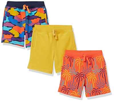 Amazon Essentials Pantalones Cortos de Punto y Tejido de Rizo Francés (Previamente Spotted Zebra) Niño, Pack de 3, Amarillo Mostaza/Naranja, Camuflaje, 5 años