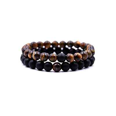 Andy & C Pulsera Hombre 2 piezas Con Piedras Naturales Pulsera Caja de Regalo Novio Mujer Chakra con Piedras Naturales Reales Joyas de Yoga Tibetana (Ojo de Tigre + Negro)