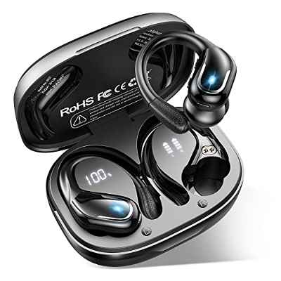 Auriculares Inalambricos, Auriculares Bluetooth 5.1 Deportivos con Llamada ENC HD Micrófono, Cascos Inalambricos 50 Horas de Reproducción, IP7 Impermeable In-Ear Audifonos Deporte Pantalla LED, Negro