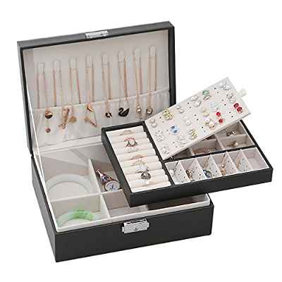 Baozun Joyeros Mujer Organizador, Caja Joyero organizador de Joyas de Cuero PU con 2 Capas,Organizador Joyas para Pendientes, Anillos,Aretes, Pulseras y Collares Regalo para Mujer y Niña