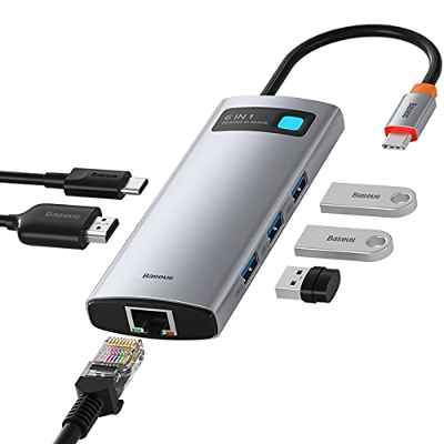 Baseus Hub USB C - 6 En 1 USB C Adaptador a HDMI 4K, 3 Puertos USB 3.0, USB C 100W, Docking Station USB Tipo C a Ethernet 1Gbps para MacBook Pro/Air, XPS, Samsung S21/S20 y Otros Dispositivos