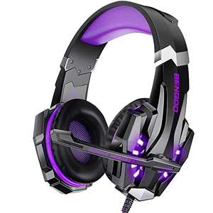 BENGOO Auriculares gaming con cable, micrófono, cancelación de ruido y luz LED (Morado)