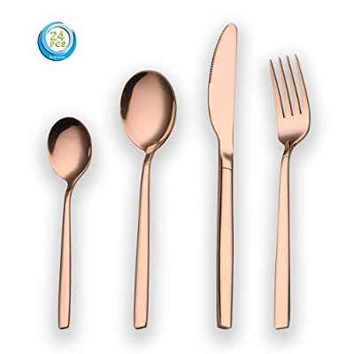 Berglander 24 piezas de titanio rosa chapado en oro cubiertos juego, 24 piezas de cobre cubiertos set, copas de color plata set cubiertos juegos, servicio para 6 (cobre brillante)