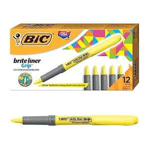 BIC Highlighter Grip, Pack de 12 Subrayadores Fluorescentes con la Tecnología Antisecado, Óptimo para Uso Escolar y de Oficina, Amarillo