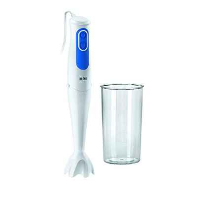 Braun Minipimer 3 MQ3000WH Smoothie - Batidora de mano eléctrica, anti-salpicaduras, powerbell plus, vaso medidor de 600 ml, 700 w, 0.6 litros, 59 decibeles, 2 velocidades, blanco y azul