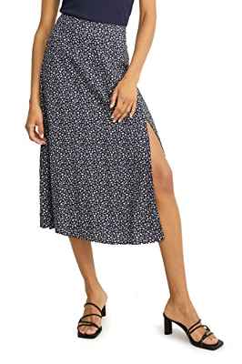 C&A Falda de mujer de viscosa floral acampanada, Azul oscuro/blanco crema., 40