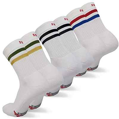 Calcetines de Tenis Performance Crew, para Hombre y Mujer, para Deporte Pack de 3 Pares (Blanco Multicolor: 1 x Rayas Rojas/Azules, 1 x Rayas Negras, 1 x Rayas Verdes/Amarillas, EU 43-47)