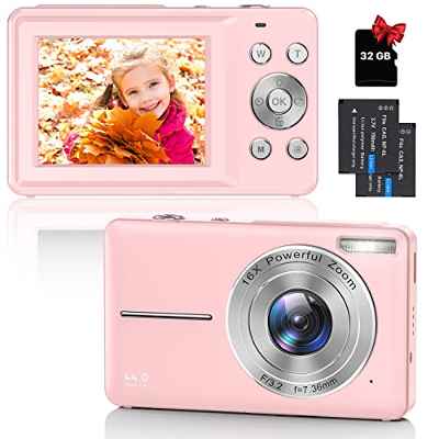 Cámara Digital Compacta con Tarjeta 32GB, 44MP 1080P HD Cámara de Fotos 2,4 Pulgadas Recargable Cámara con Zoom 16X Camara Digitales Compacta para Principiantes, Niño, Adulto (Rosa)