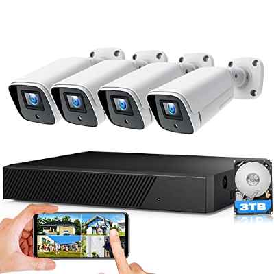CAMCAMP 5MP Kit Camaras de Vigilancia Exterior PoE, 8CH H.265 NVR con 3TB Disco Duro, 4pcs 5MP Kit Cámaras IP de Videovigilancia para Grabación 24/7 Alerta de Correo Electrónico Visión Nocturna