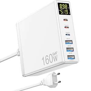 Cargador USB C, 160W GaN 6-Port Cargador iPhone Carga Rapida con LED Display, Estaciónde CargaUSB C Multiple mit 3 USB-C y3 USB-A PPS PD 3.0