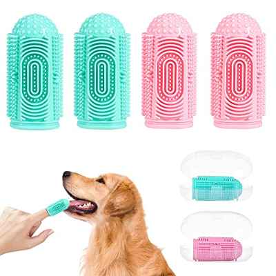 Cepillo de Dientes de Silicona para Mascotas (4pcs), YUEYUEJIA Cepillo de Dientes para Perros y Gatos con Estuche para Perros y Gatos, Cepillo de Dientes para Perros (Verde+Rosa)