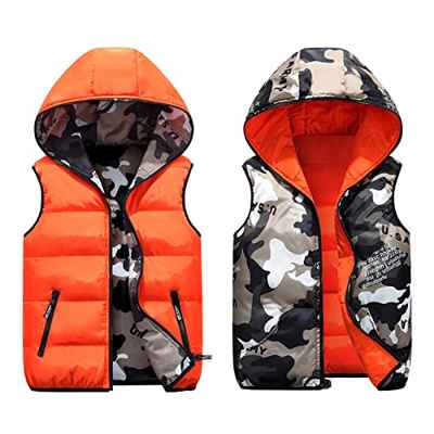 Chaleco de Pluma Sin Mangas Chaqueta con Capucha Niños Niñas Reversible Abrigo de Invierno Camuflaje Trajes Verde 8-9 Años