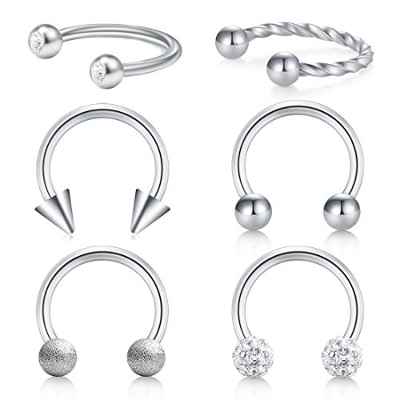 Crdifu 6 estillos Herradura Nariz Anillo Aro Conjunto Acero Inoxidable 16G Labio Trago Cartílago Piercing Joyería 8mm
