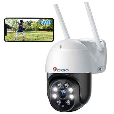 Ctronics 5MP Camara Vigilancia WiFi Exterior, 2,4Ghz/5Ghz WiFi PTZ IP Camera Exterior, 2560X1920P Resolución con Detección Humana Seguimiento Automático, Visión Nocturna en Color