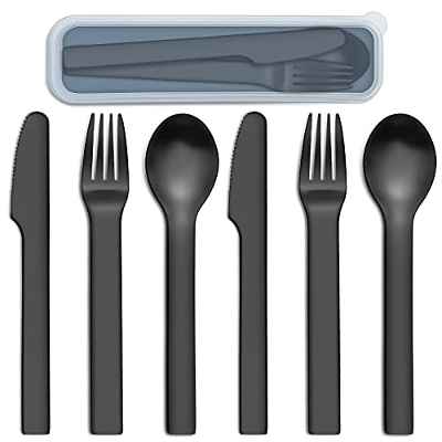 Cubiertos Pleafind de 6 piezas para viajes, cubiertos de camping de acero inoxidable, cubiertos de viaje para 2 personas con estuche, cuchillo, tenedor, cuchara, cubiertos para exteriores (negro)