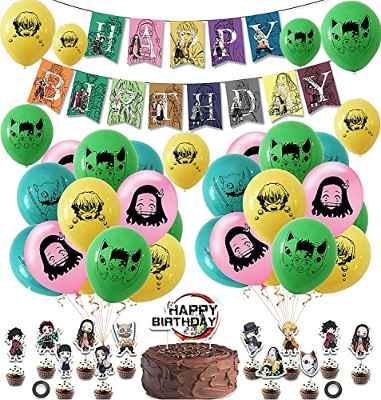 Cumpleaños Decoracion Globos Demon Slayer Globos kimetsu no yaiba Cumpleaños Decoracion Fiesta Demon Slayer Pancarta Cake Topper Decoración Fiesta de Cumpleaños de Anime