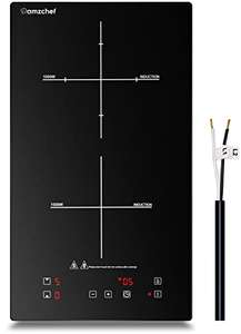 Domino doble placa inducción Amzchef 3300W, con superficie de cristal negro, control táctil, bloqueo para niños,10 niveles de potencia