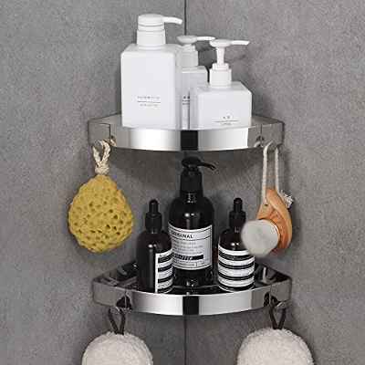 DUFU Estanteria Ducha Sin Taladros, Estantería de Esquina para Baño Ducha Pared Acero Inoxidable Estante Baño Adhesivo con 4 Ganchos, Estanteria Rinconera Ducha, 2 Piezas Plata