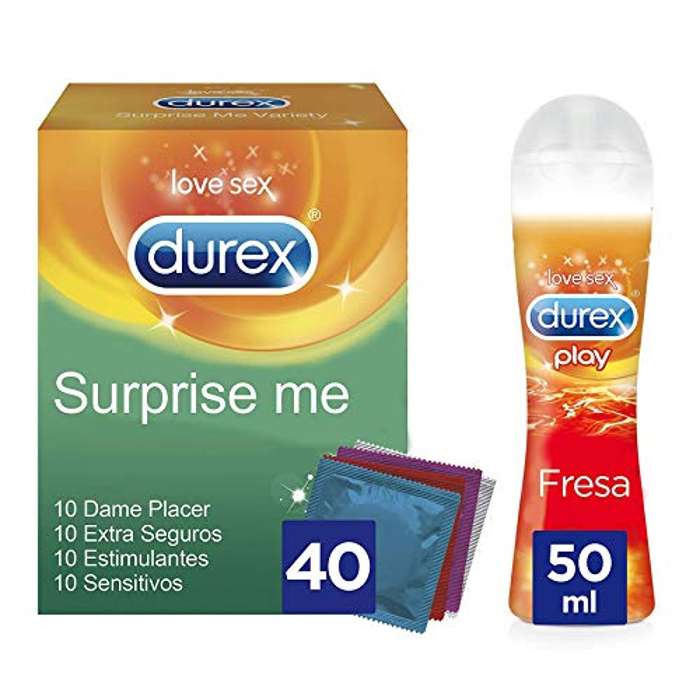 Durex 40 preservativos Surprise Me Mixtos + Lubricante Sabor Fresa