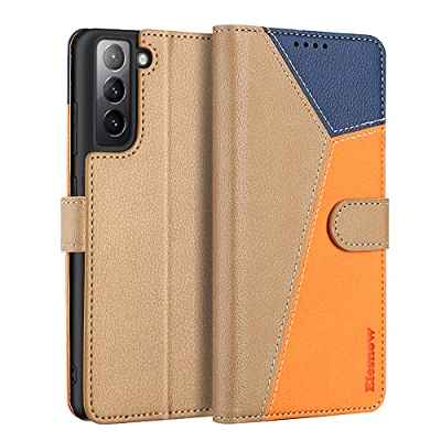 ELESNOW Funda para Samsung Galaxy S21, Carcasa Magnética Tarjetero Tapa de Cuero para Samsung Galaxy S21 4G / 5G (Caqui/Orange/Azul)