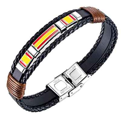 ESTUYOYA - Pulsera de Cuero Bandera de España Pulserita Española Triple con Cierre de Seguridad, Acero Inoxidable Tamaño Ajustable Unisex Hombre Mujer