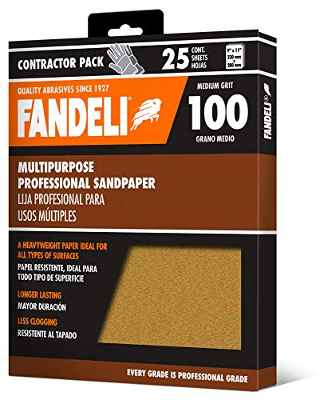 Fandeli | Papel de Lija Multiusos | Grano 100 | 25 Hojas de 23 x 28 cm | Ideal Para Lijar Metal, Madera sin Tratar y Superficies Pintadas