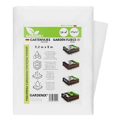 GARDENIX® 16 m² Vellón de protección contra Congelación para Primavera, Alta estabilización UV, Permeable al Agua, Cubierta de Primavera para Plantas (3,2m x 5m)