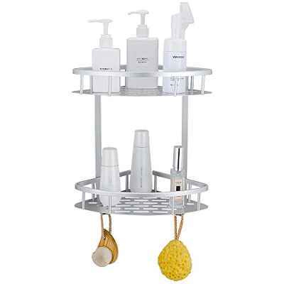 GERUIKE Estante Ducha Rinconera Ducha Estanteria Baño Cesta Ducha Adhesiva Bandeja almacenaje con 2 Ganchos para baño Cocina 2 Niveles Rinconera de Ducha Aluminio Taladro Plateado