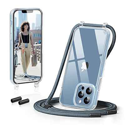 GOODVISH Funda con Cuerda, Compatible con iPhone 13 Pro 6.1", Case para Teléfono con Cordón, Cáscara Transparente para Teléfono con Collar, Cámara y Protección de Pantalla Anti-Caída(Azul)