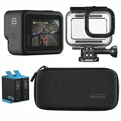 GoPro Paquete HERO8 Black: Incluye cámara HERO8 Black, batería Recargable de Repuesto (2 en Total), Carcasa Protectora y Estuche de Transporte
