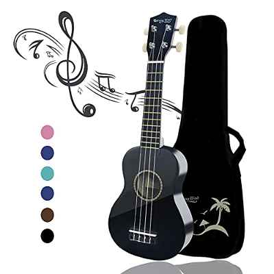 HUAWIND Ukelele soprano para principiantes Guitarra para niños de 21 pulgadas y 4 nylon cuerdas Un regalo de instrumento musical adecuado para niños amigos y principiantes (Con bolsa， Negro)