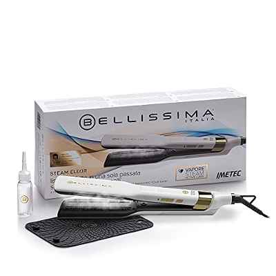 Imetec Bellissima Steam Elixir, Plancha de pelo con vapor, Alisa en una sola pasada sin dañarlo, Revestimiento cerámica y aceite de argán, Calentamiento rápido, 4 temp, alfombrilla termoresistente