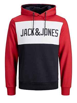 JACK & JONES JJELOGO Blocking Sweat Hood STS Sudadera con capucha, Rojo (Tango Red), L para Hombre