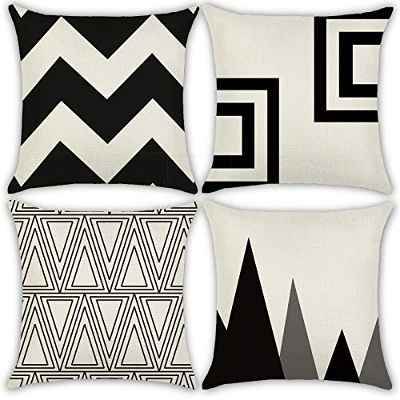 Juego de 4 Funda de Almohada 45 x 45 cm Decoración Almohada Caso para Sofa Cama Terraza Patrón Geométrico Blanco y Negro, No Incluye Almohada