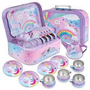 Juego de té para niños con Estuche, Servicio de té Juguete de Metal, vajilla Infantil de 15 Piezas - Diseño de Unicornio algodón de azúcar