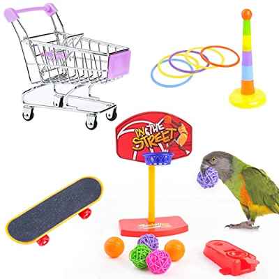 Juguetes para Agapornis Juguetes de Entrenamiento de Aves Juegos de Loros Juguetes para Pajaros Periquitos Mini Carro de la Compra monopatín Anillo de Entrenamiento para Guacamayos Cacatúas