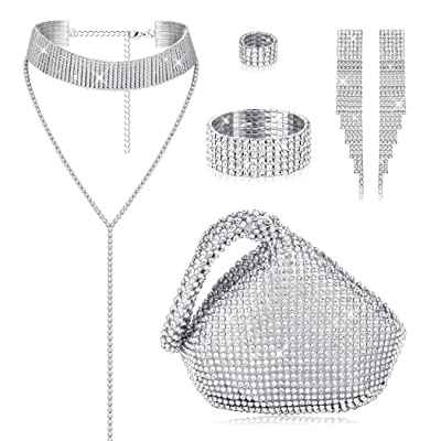 Kaconia 6 Piezas Juego de Joyas para Mujer Gargantilla Diamantes Imitación Anillo Pulsera Elástica Pendientes Flecos Conjunto Monedero con Purpurina para Fiesta Bodas Nupcial