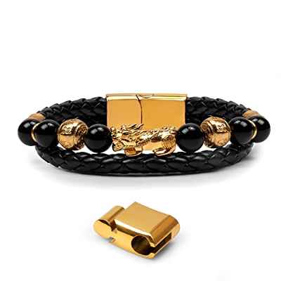 Katomi Feng Shui Obsidian Pi Xiu - Pulsera trenzada de piel auténtica, cierre magnético de acero inoxidable en dorado, Regalo para hombres y mujeres (Leder 2 Kupferperlen, 20cm)