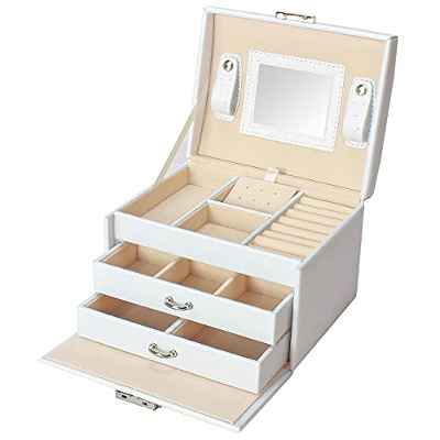 KILHS Joyero para mujer con 2 cajones, diseño de piel con espejo, estuche de joyas, bolsa de viaje, utilizado para collares, pendientes, anillos, relojes, cajas de almacenamiento, regalos para mujer