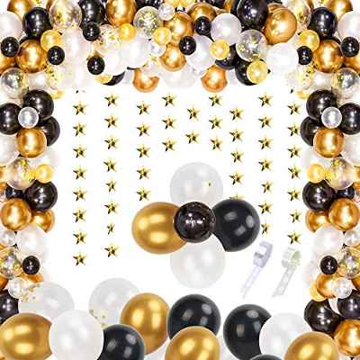 Kit de Guirnaldas de Globos KATOOM 124PCS Globos de Látex Negro Blanco Dorado con 2 Guirnaldas de Estrellas, Cinta de Globos y Puntos de Pegamento para Bodas/Halloween/Cumpleaños/Despedida de Soltero